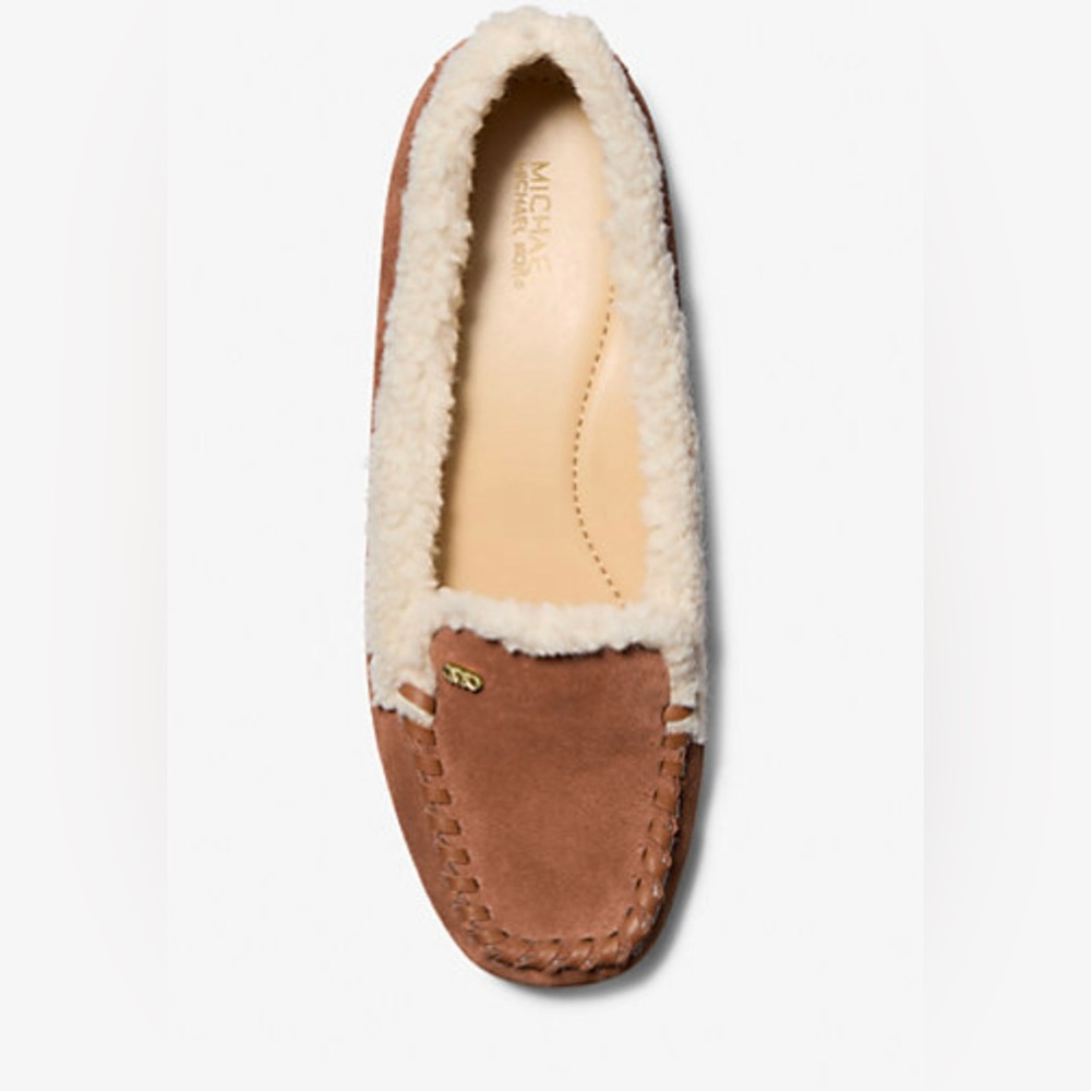 MICHAEL Michael Kors Brown Suede Moccasin Slippers with Cream Shearling Trim - Picture 3 of 8